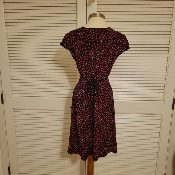 Y2K Polka Dot Stretch Knit Dress Deep V-Neck City Triangles Medium Tie Waist - Picture 4 of 8